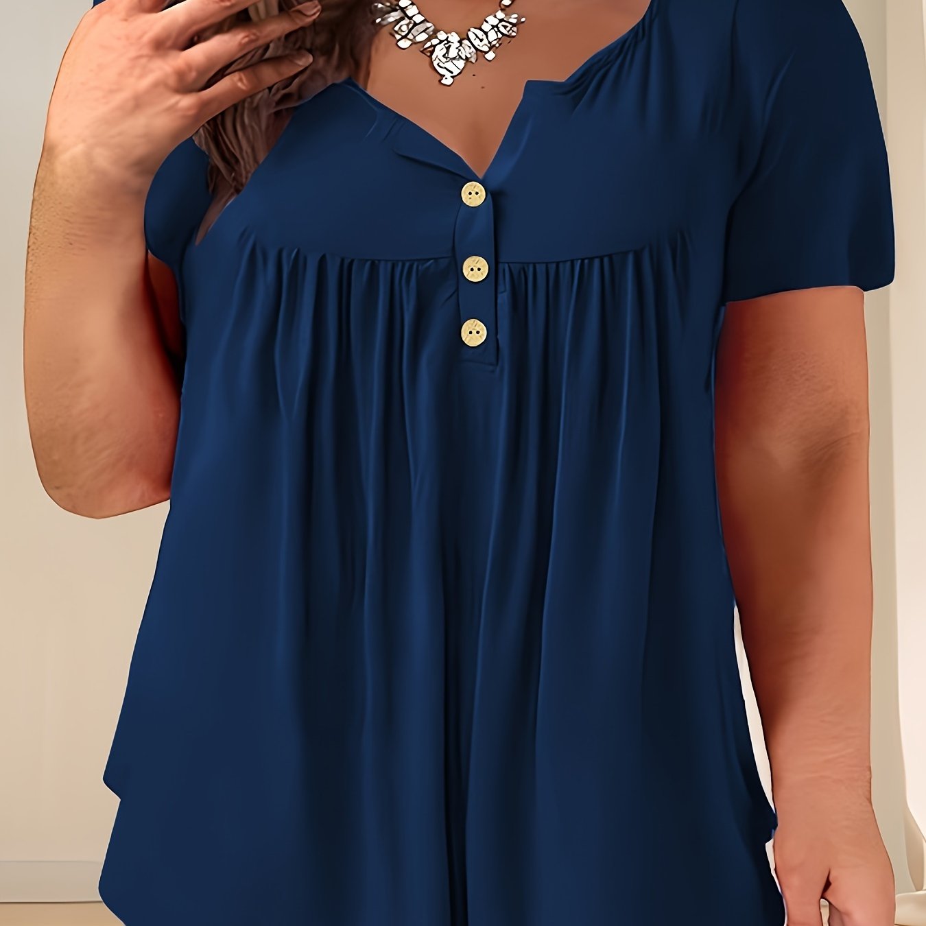 Navy Blue Plus Size T-Shirt Women’s Casual Buttoned Top