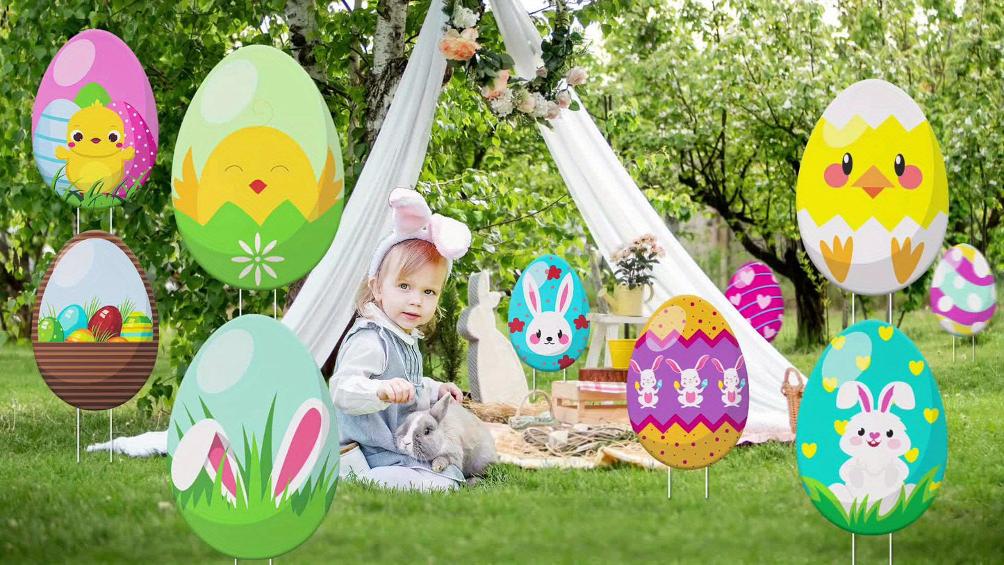 2D Flat, 12pcs Easter Eggs Decorations Outdoor Easter Yard Signs Easter Yard Decorations Outdoor with Stakes Bunny Egg Easter Outdoor Garden Sign Lawn Signs for Pathway Walkway, 2D Flat