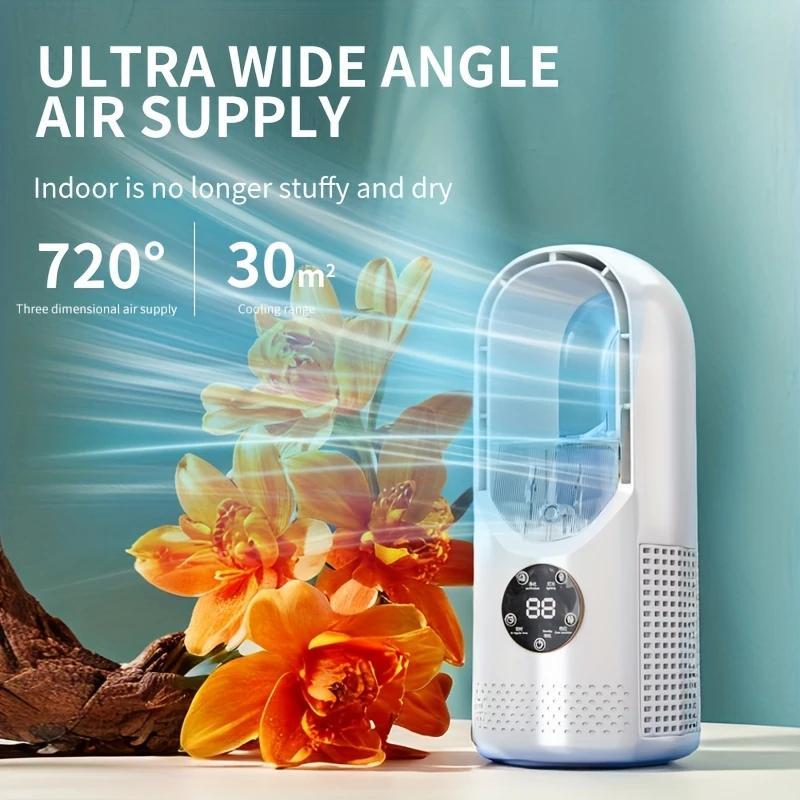 No Leaf Fan Efficient Spray Cooling Machine Three in One Office Desktop Fan USB Powered Air Cooler with Night Light Humidification Function 6 Wind Speeds Timing Function Home Dormitory Camping Mini Personal Air Conditioner