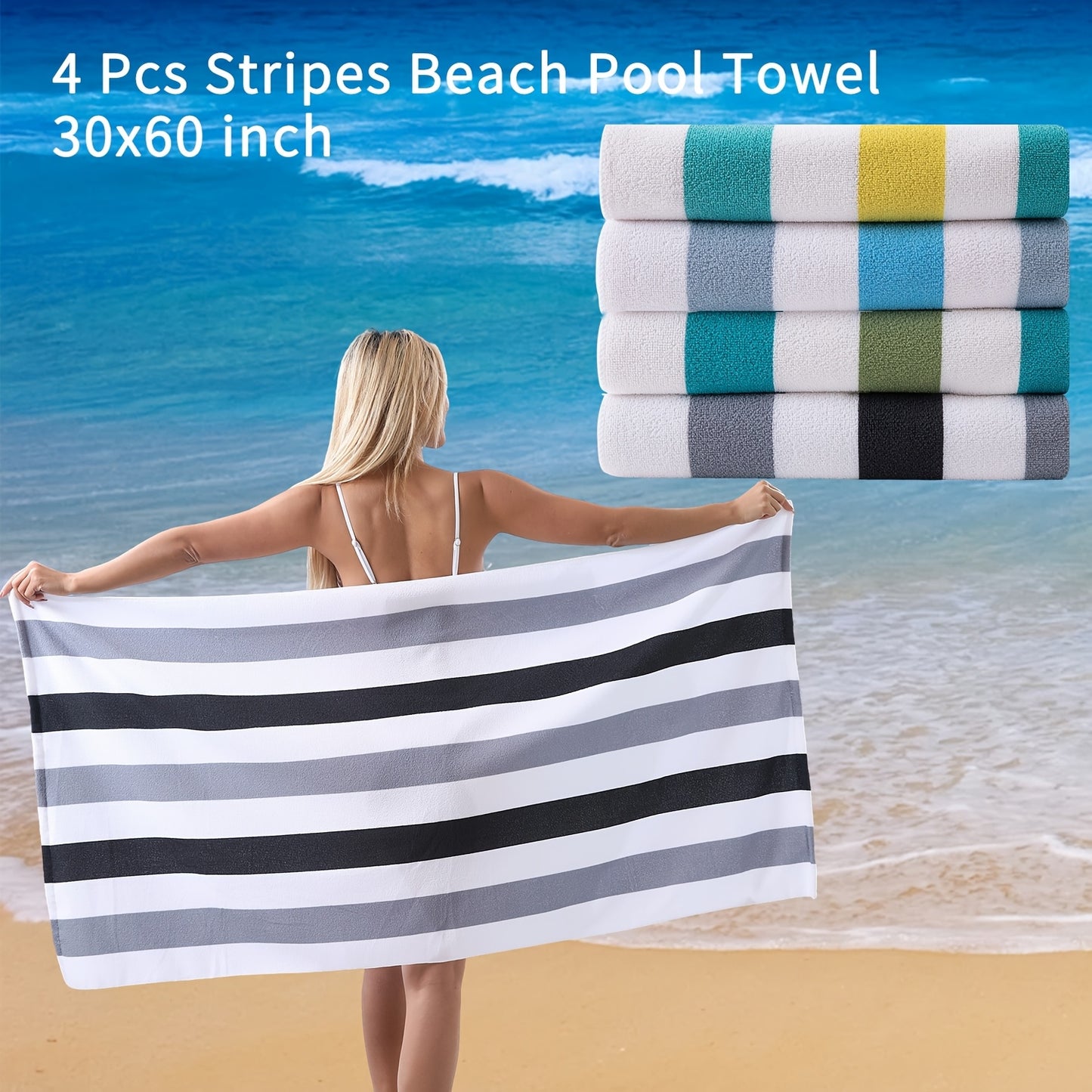 4 Piece Sand Free Stripe Beach Towel Set Quick Dry Pool Towel Swimming Bath Towel Ultra Soft Highly Absorbent Lightweight Towel For Adults Men Women Multi Purpose Towel Blanket For Bathroom Yoga Sports Travel Camping