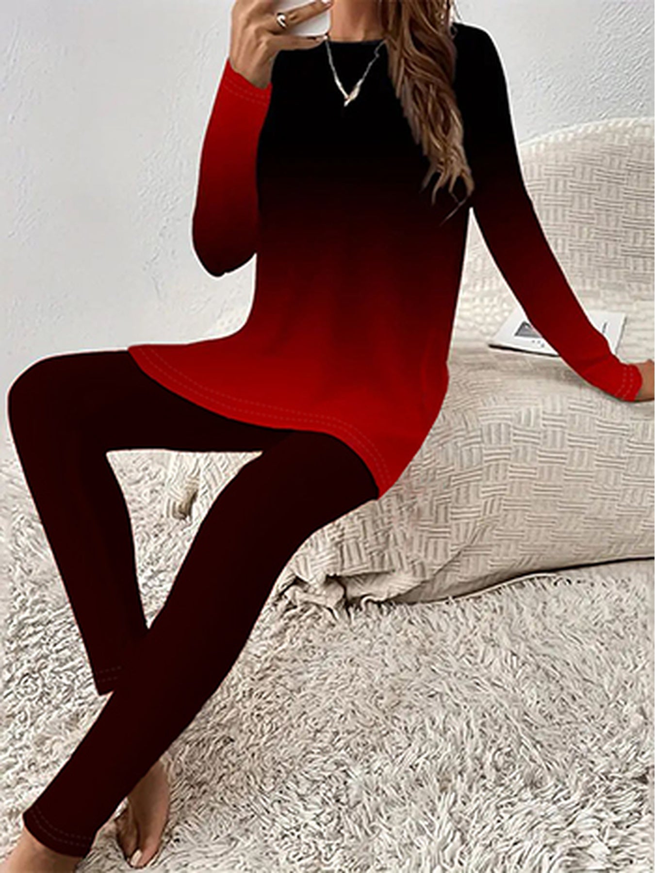 Printed Long Sleeve Top And Pants Set Polyester Spandex Blend