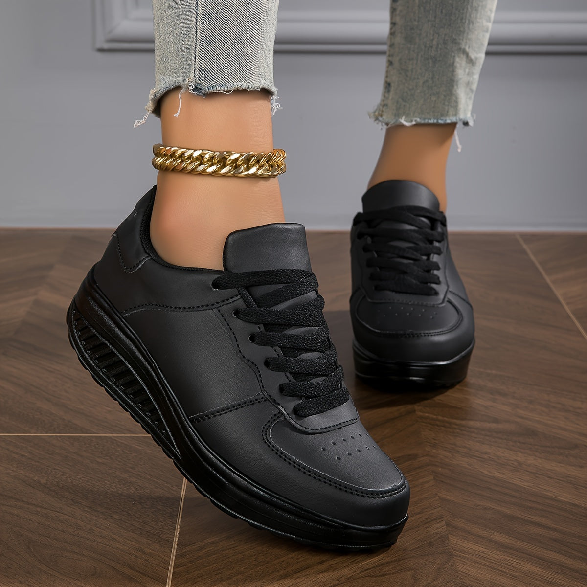 Women's Trendy Wedge Sneakers Comfortable Lace Up Height Increasing Sports Shoes All Match Outdoor Walking Shoes