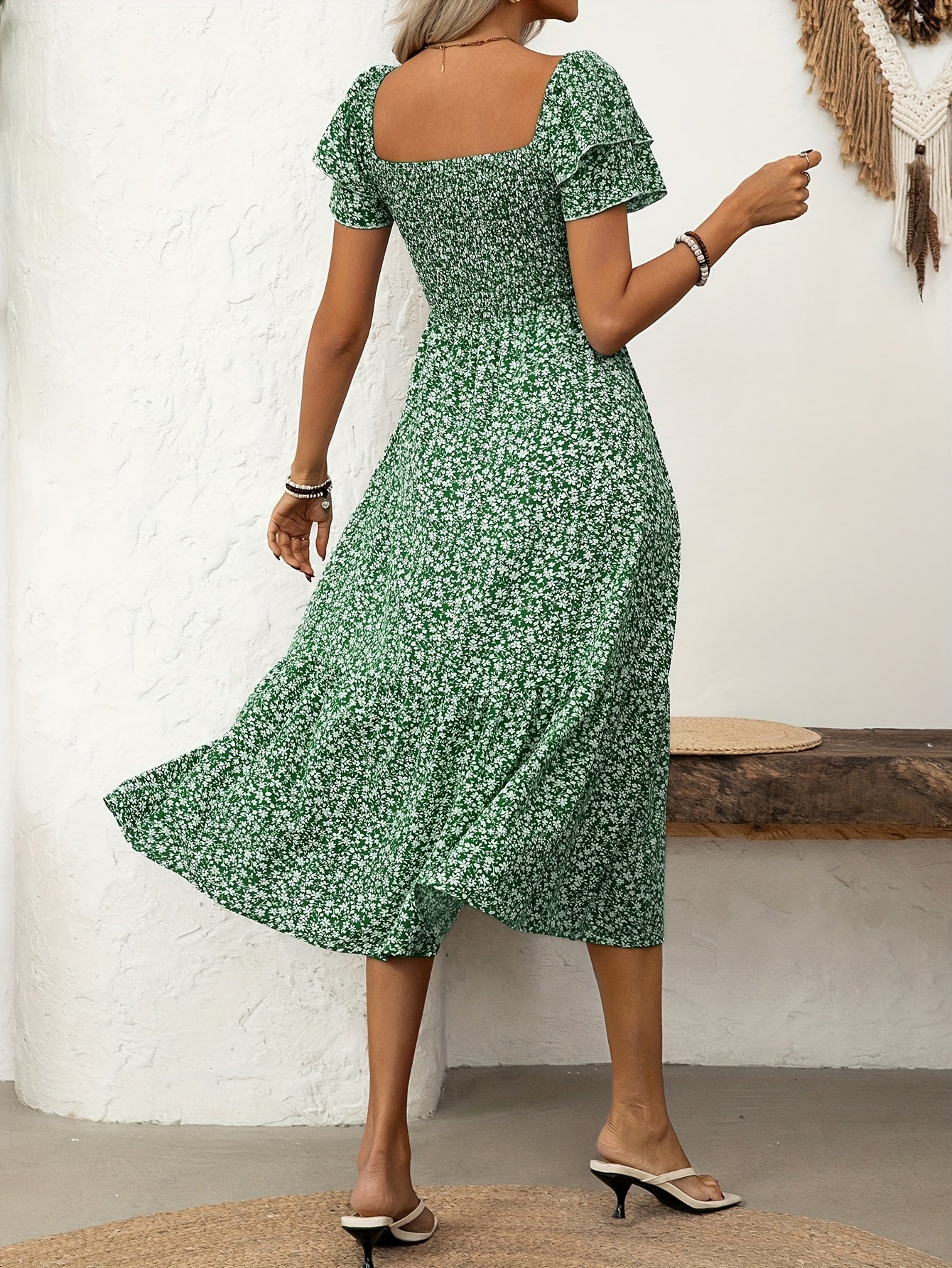 Elegant Floral Print Dress Polyester Ruffle Hem A-Line Dress