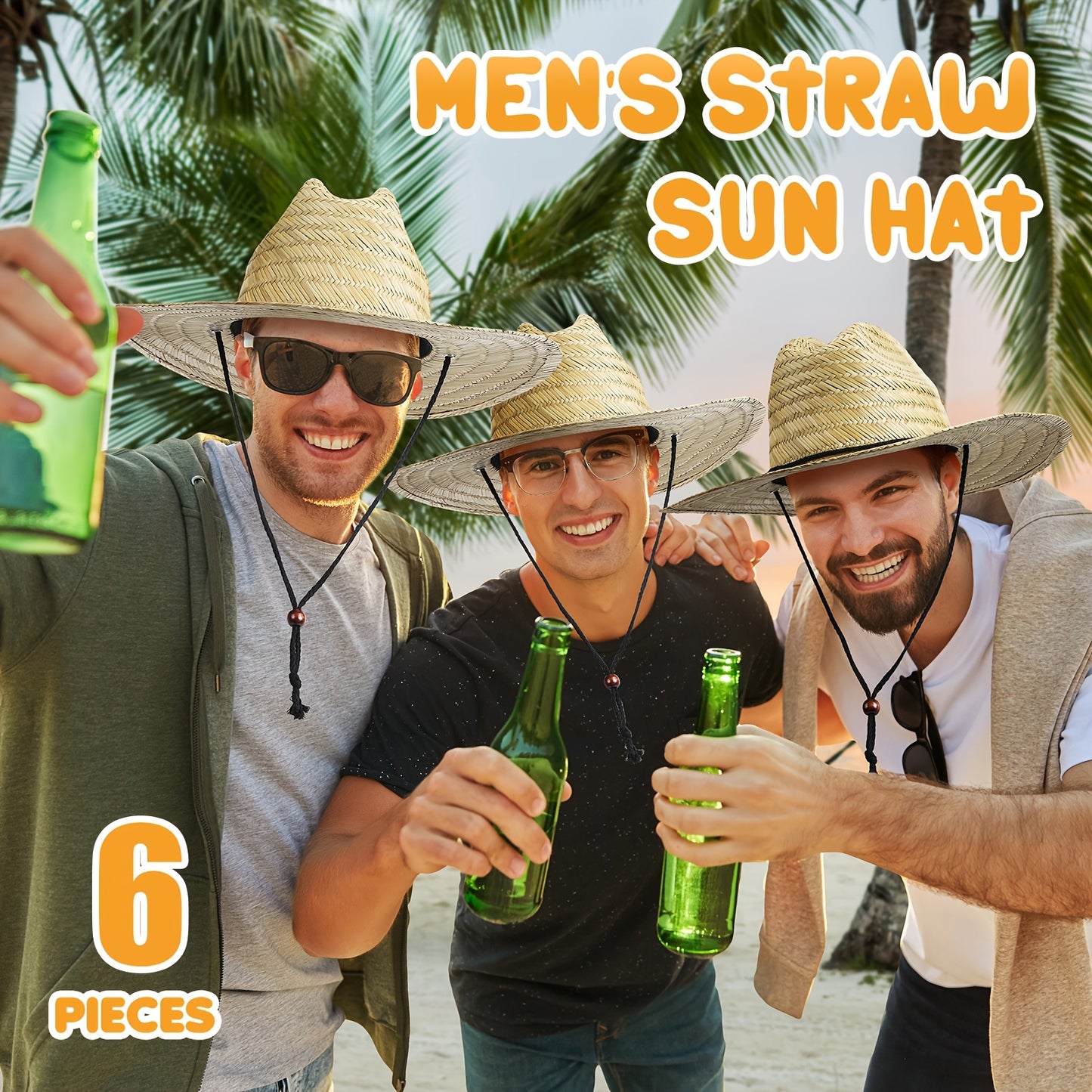 6pcs Men's Straw Sun Hat Wide Brim Summer Beach Hat Yellow