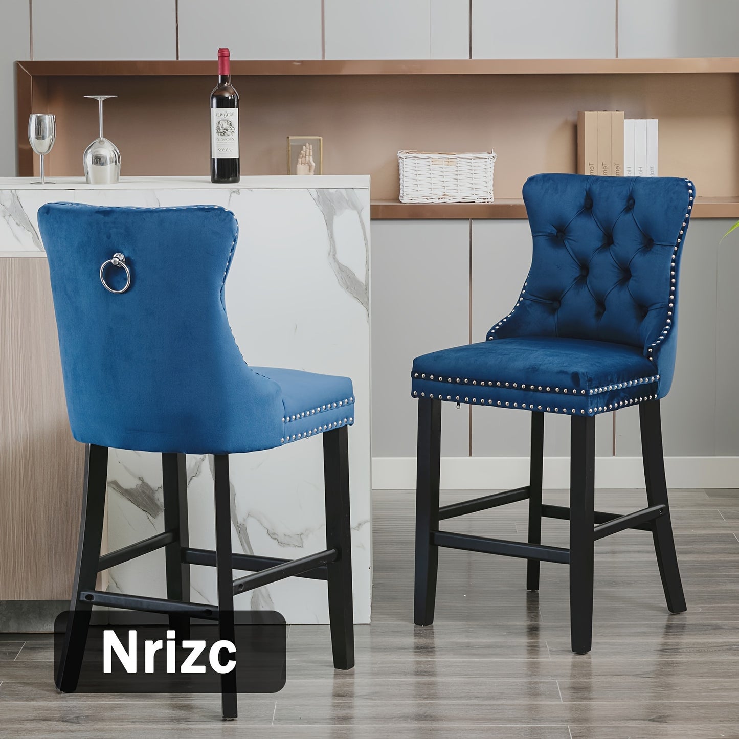 Nrizc Velvet Padded Bar Stools With Button Nailhead