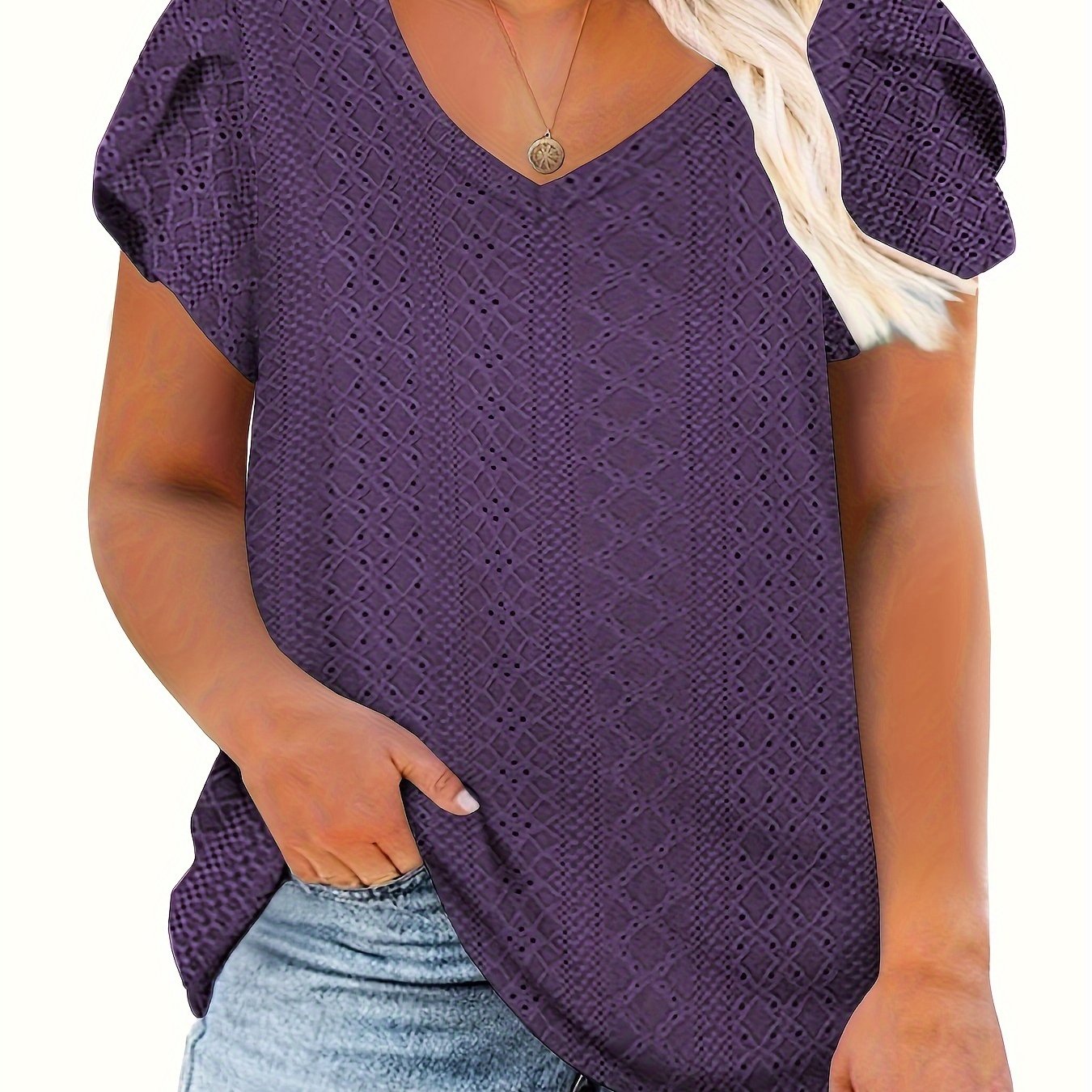 Women's Plus-Size Casual V-Neck Eyelet Petal Top Purple
