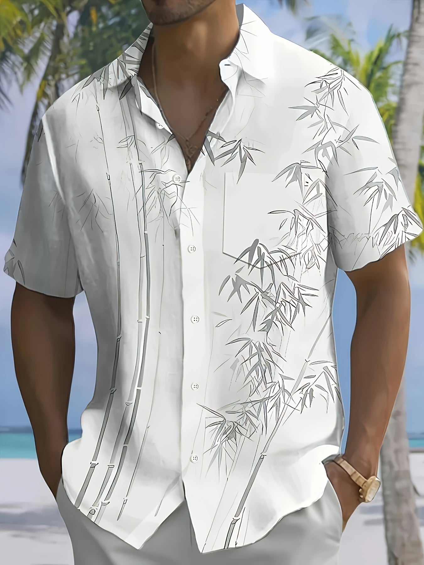 Men's Hawaiian Bamboo Leaf Print Short Sleeve Shirt Lightweight Breathable Fabric Button Up with Chest Pockets Regular Fit for Summer Vacation Beach Parties and Casual Outings