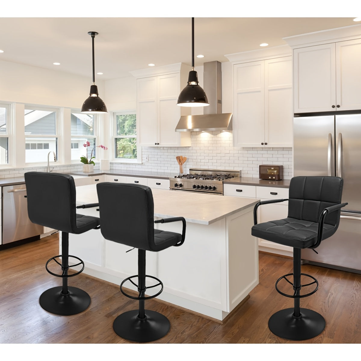 Bar Stools Set of 2 PU Leather Modern Swivel Bar Stools with Arms Adjustable Height Barstools for Kitchen Island White and Black Base