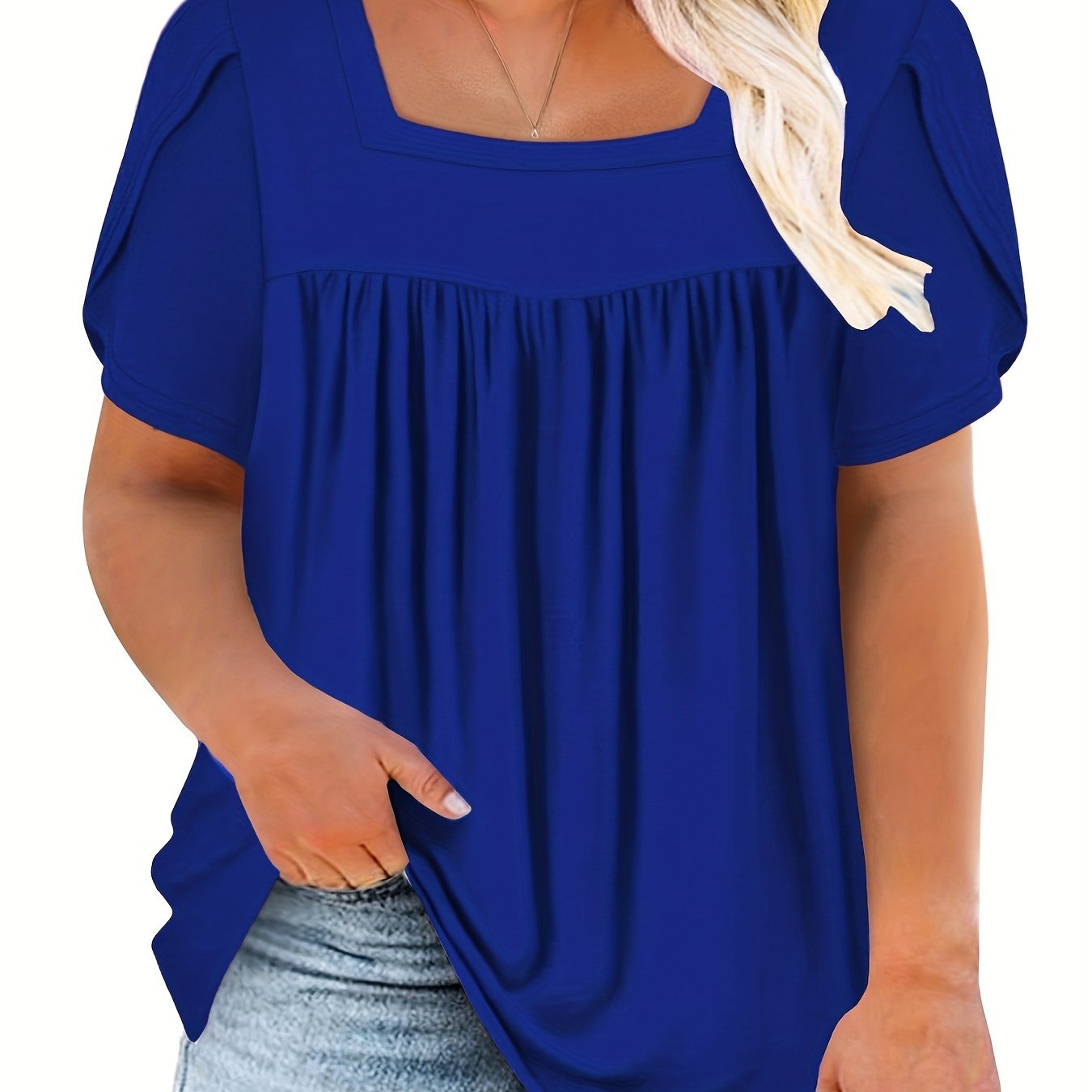 Plus Size Women's Petal Short Sleeve T Shirt - Square Neck, Flowy Pleated, Relaxed Fit