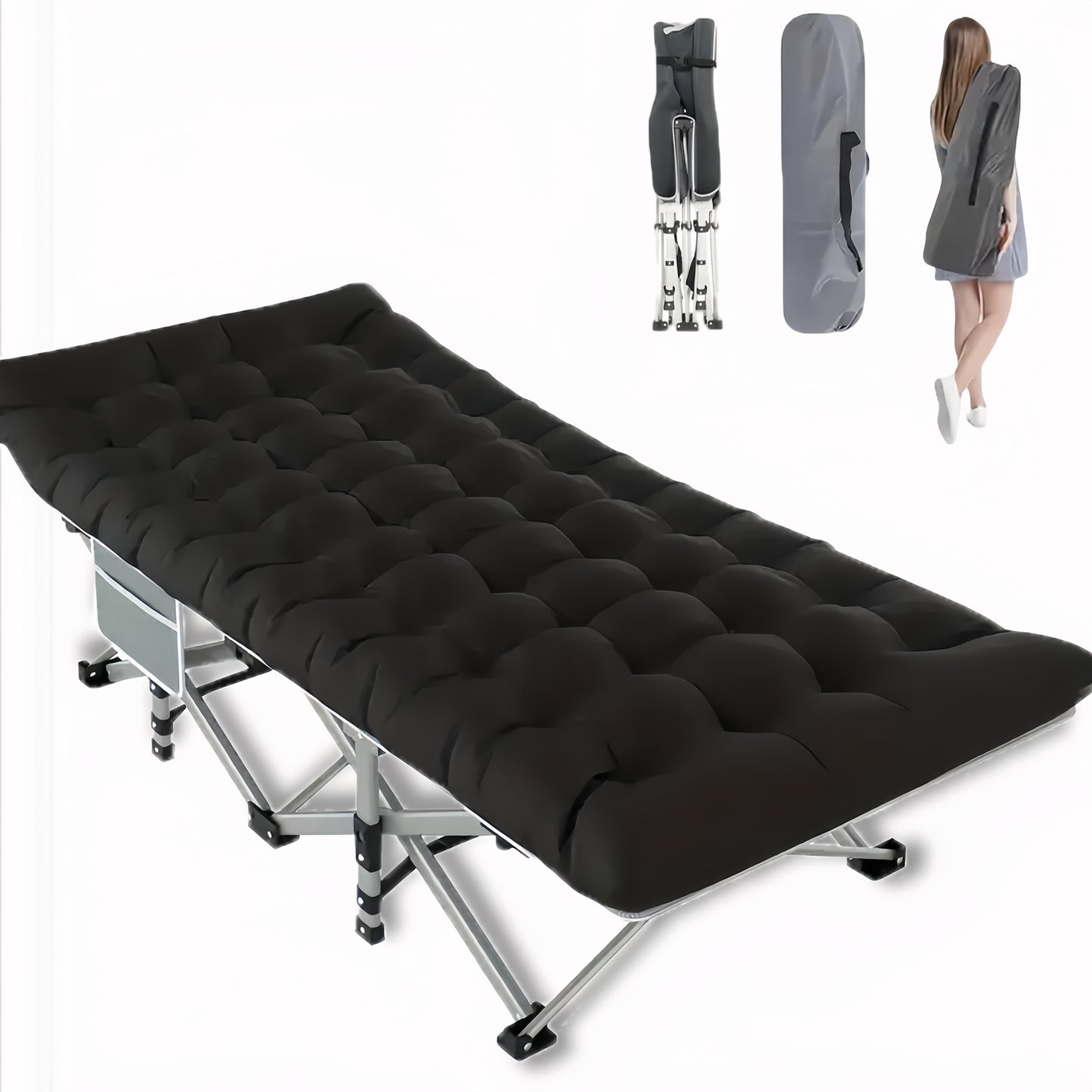Portable Folding Camping Bed for Adults Lightweight Compact Outdoor Bed with Padded Carry Case Durable Iron Frame and Plush Navy Blue Fabric for Home Office Beach Travel and Outdoor Camping Bed