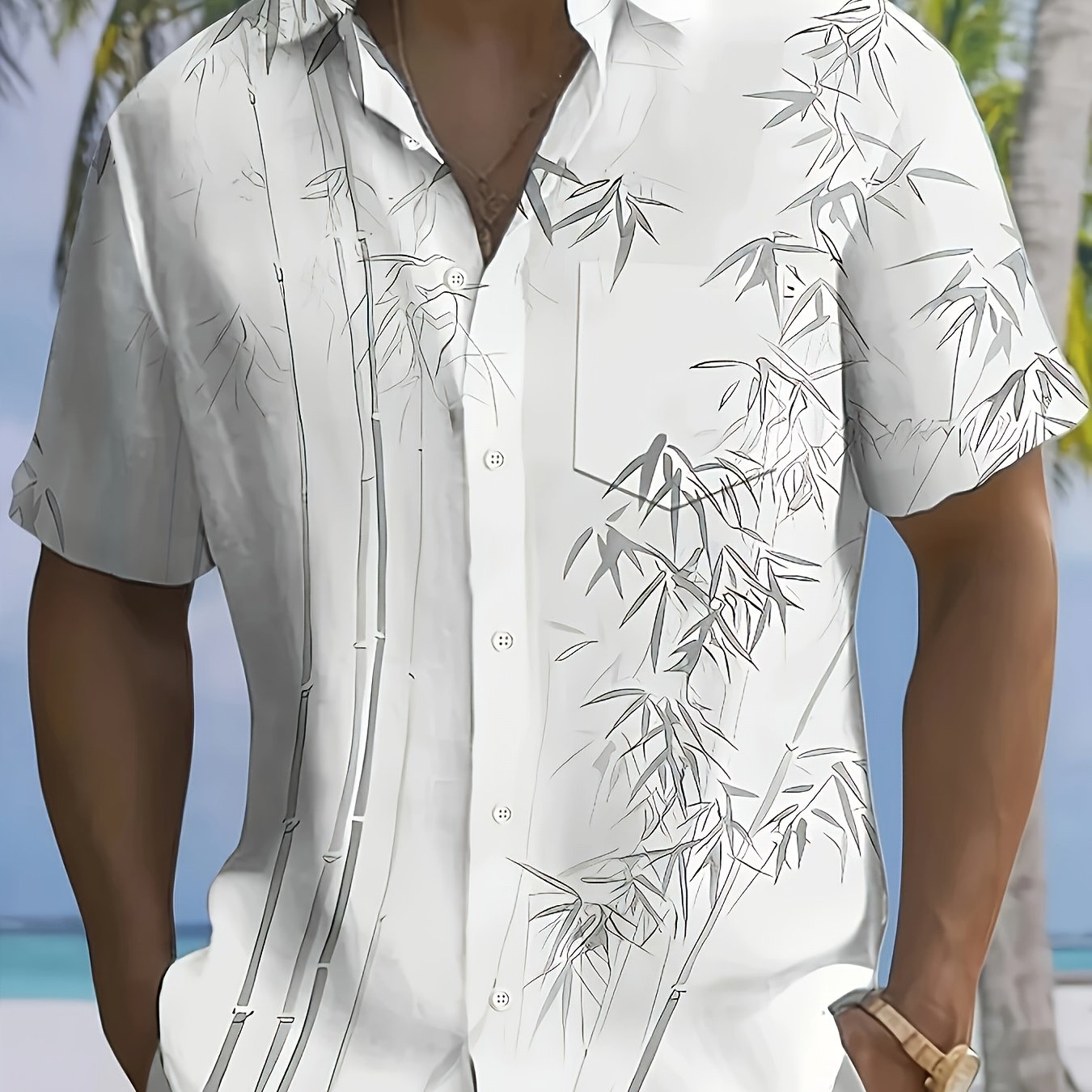 Men's Hawaiian Bamboo Leaf Print Short Sleeve Shirt Lightweight Breathable Fabric Button Up with Chest Pockets Regular Fit for Summer Vacation Beach Parties and Casual Outings