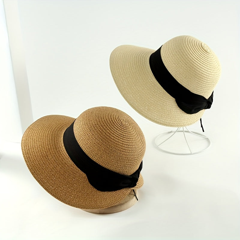 High-End Seaside Beach Sun Hat With Black Bow Slit