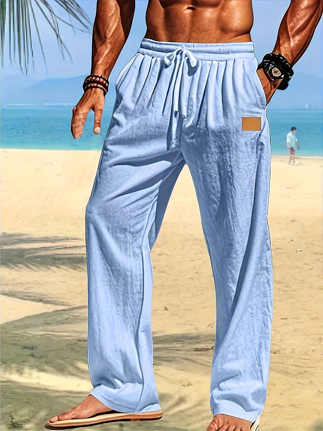 Men's Lightweight Cotton Beach Pants Quick Dry Loose Fit Casual Trousers with Adjustable Zipper Waistband Side Pockets Breathable Straight Leg Pants for Swimming Travel Everyday Summer Wear Machine Washable