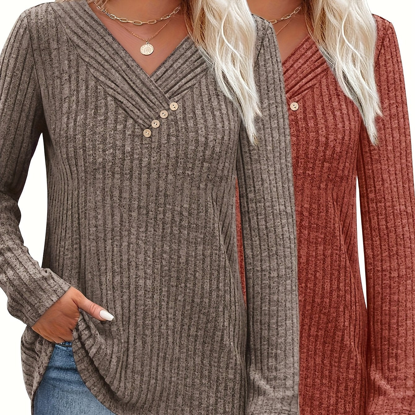 Women's Two-Piece V-Neck Button Pullover Cropped Sweater
