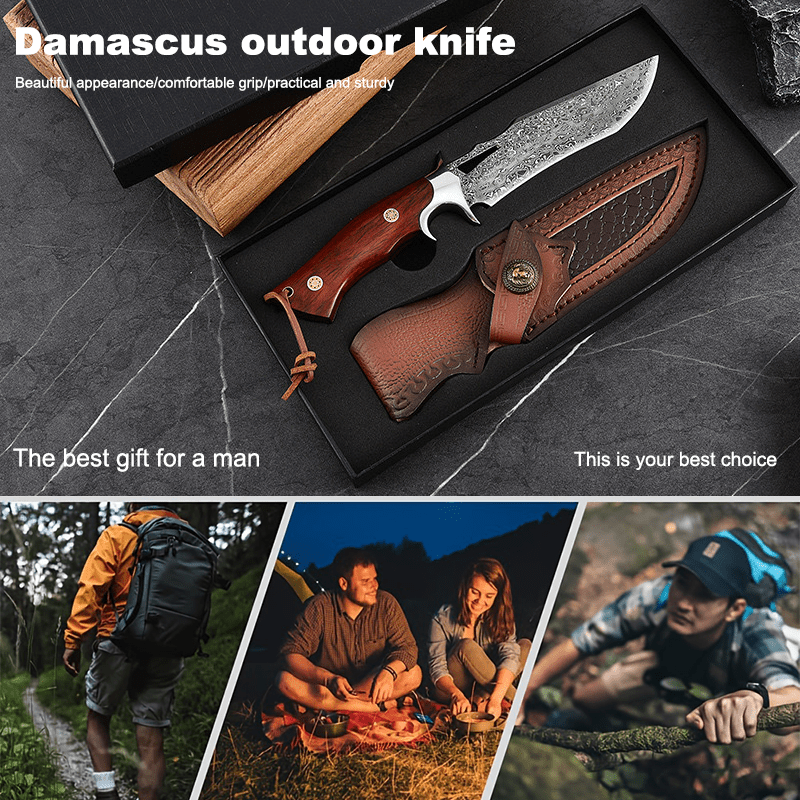 Damascus Hand Forged Fixed Blade Knife With Wooden Handle Sheath