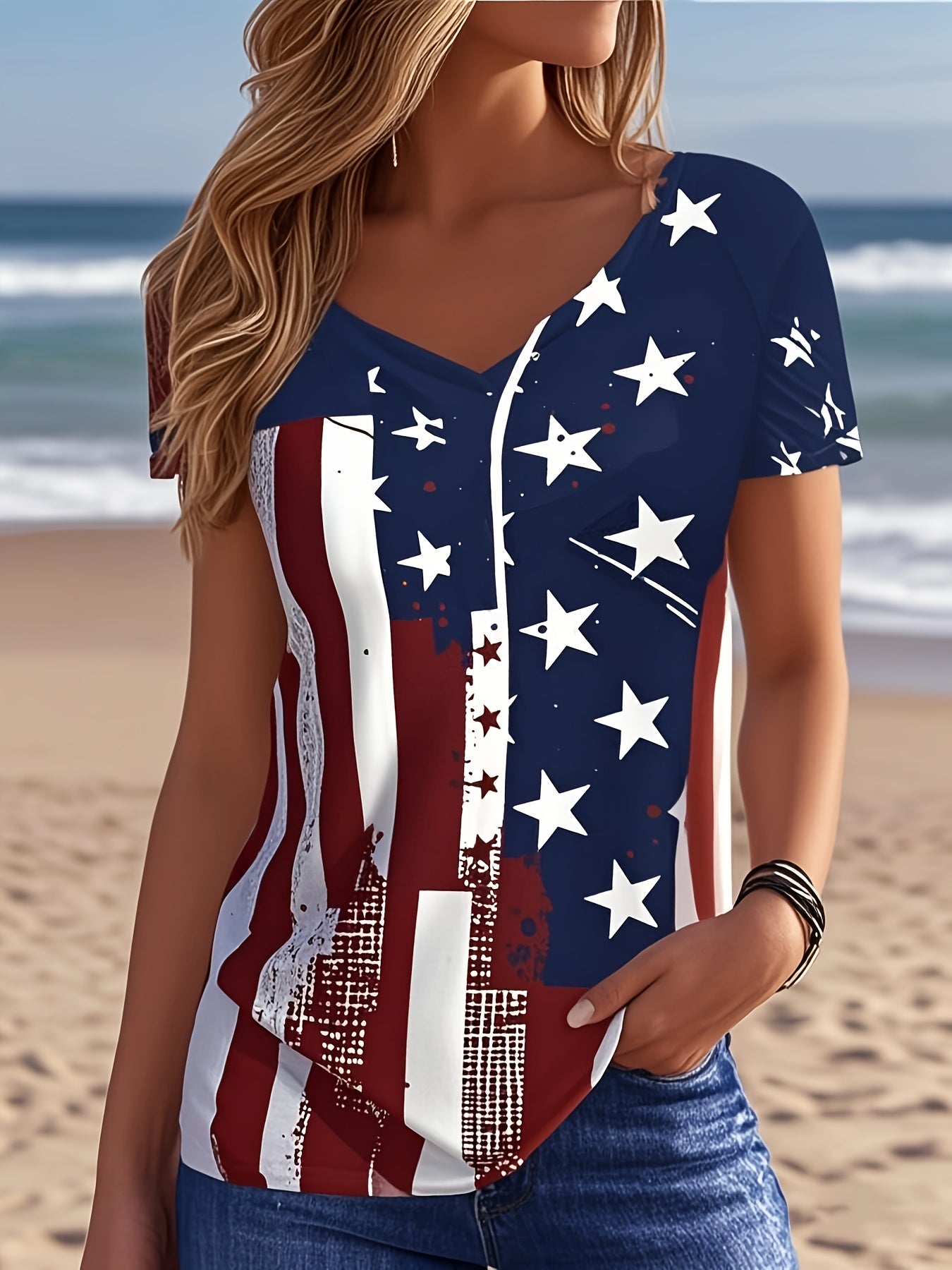 Vibrant American Flag Print V-Neck T-Shirt for Women