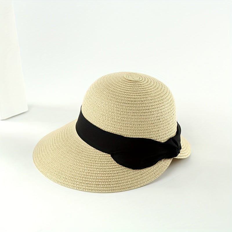 High-End Seaside Beach Sun Hat With Black Bow Slit