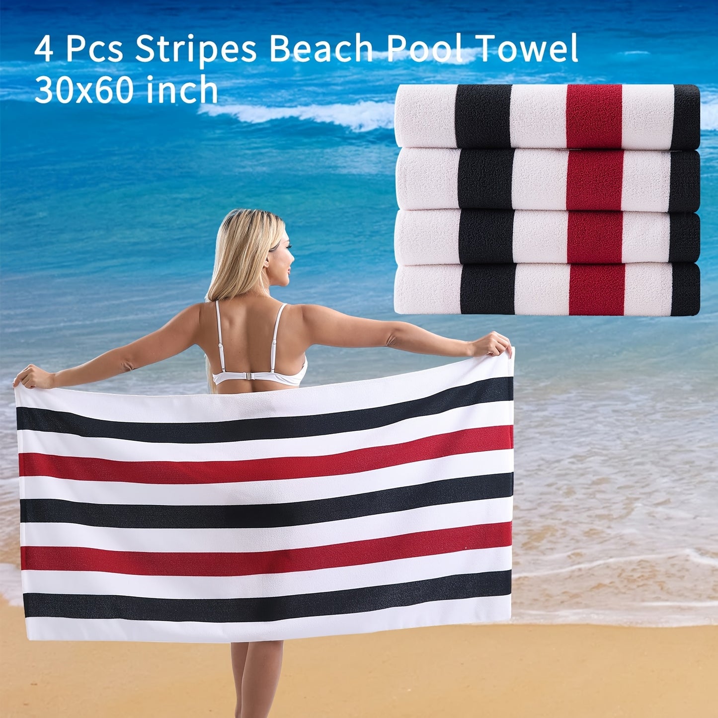 4 Piece Sand Free Stripe Beach Towel Set Quick Dry Pool Towel Swimming Bath Towel Ultra Soft Highly Absorbent Lightweight Towel For Adults Men Women Multi Purpose Towel Blanket For Bathroom Yoga Sports Travel Camping