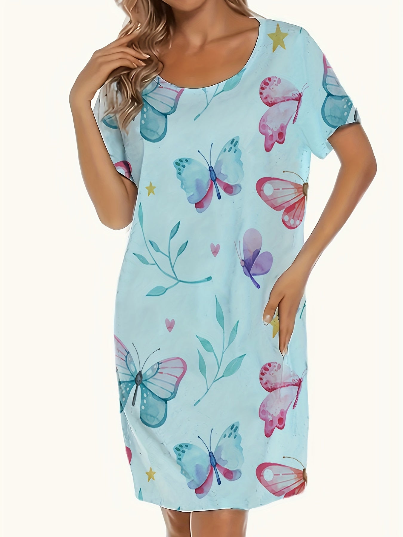 Womens Soft Polyester Sleep Dress Nightgown Crew Neck
