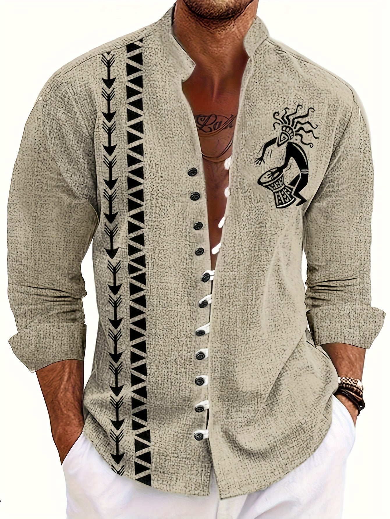 Men's Casual Mandarin Collar Shirt With 3D Tribal Print