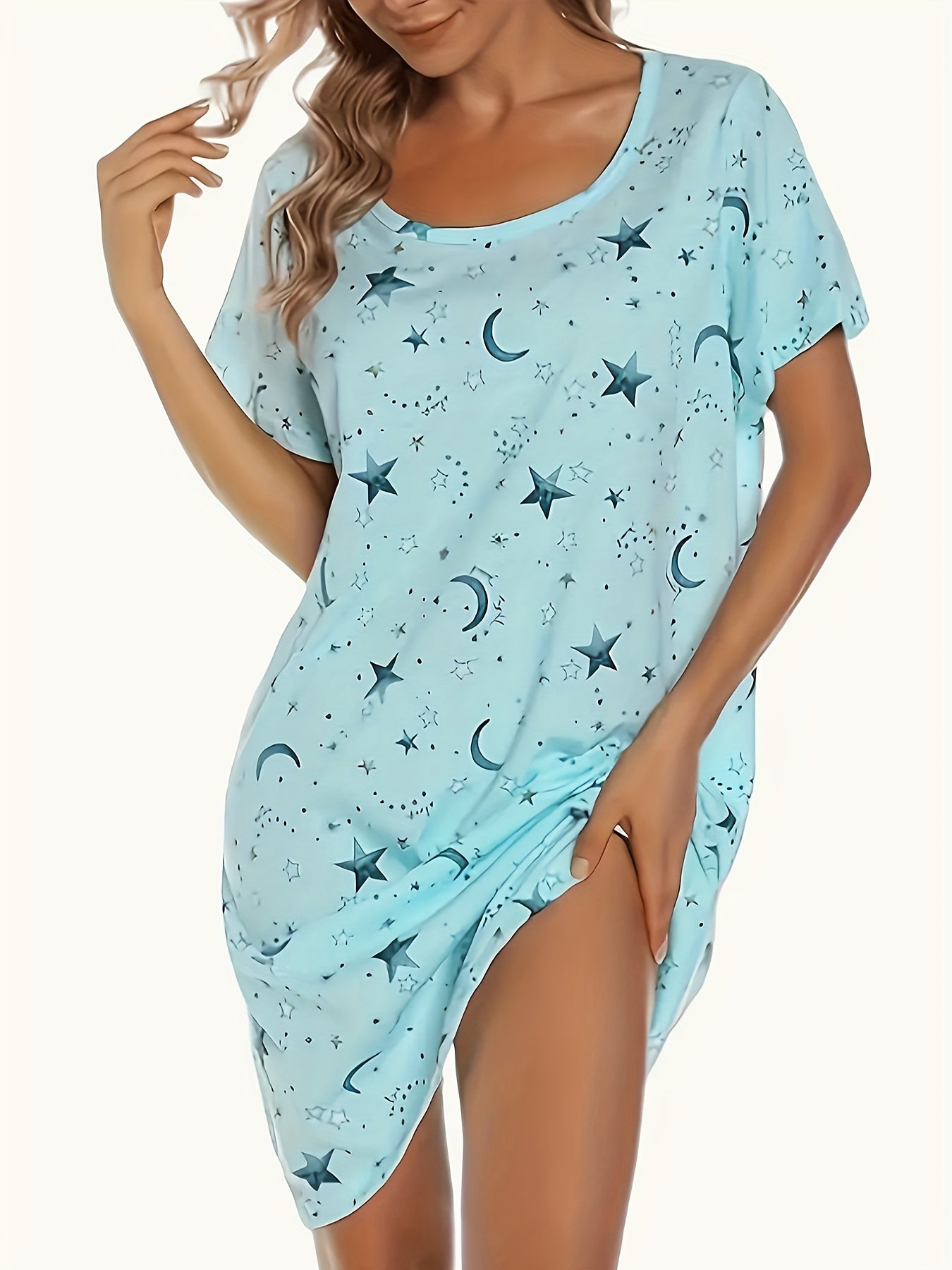 Women's Soft Polyester Sleep Dress - Round Neck, Short Sleeve