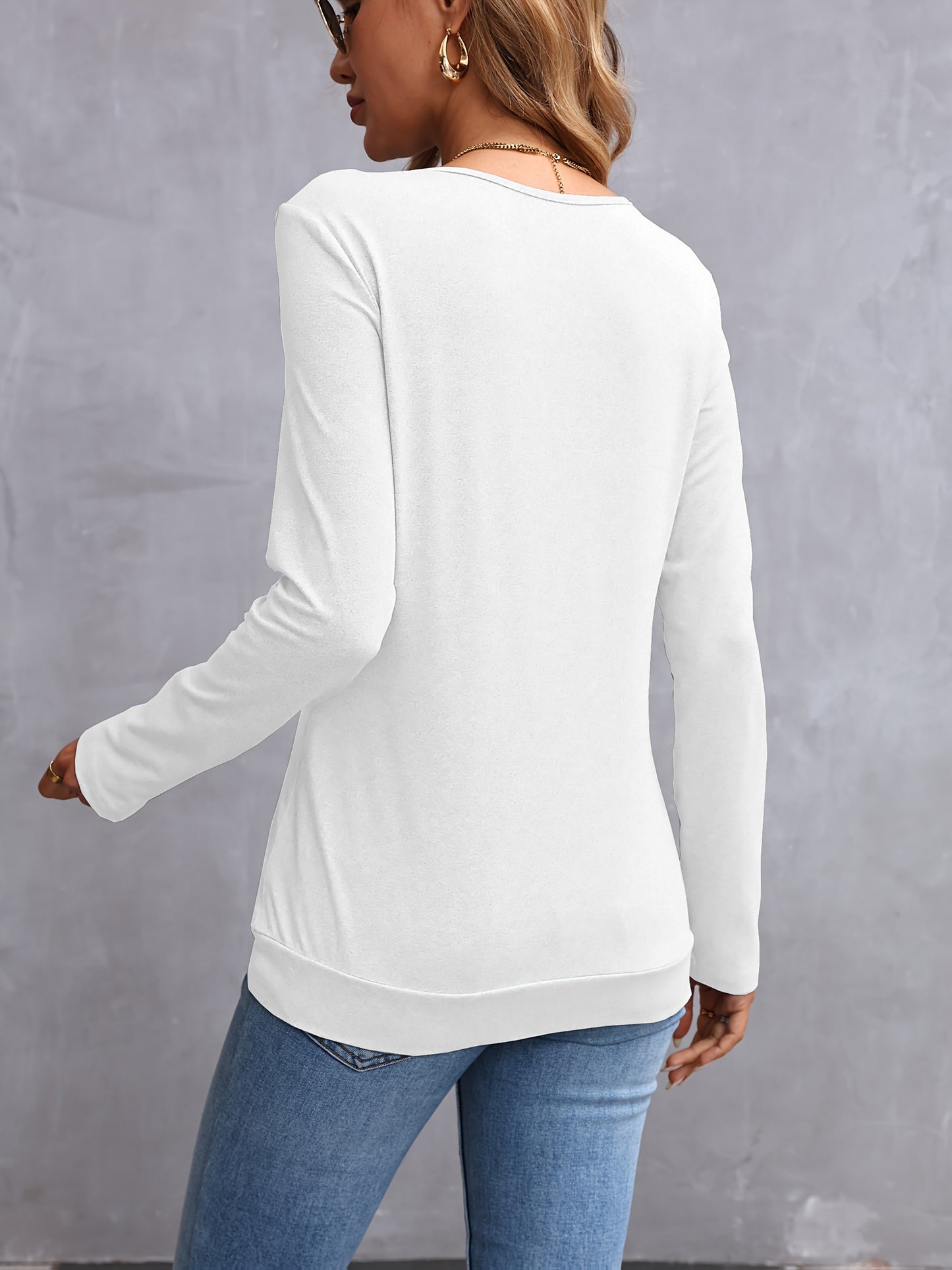 100% Polyester Elegant Long Sleeve V-Neck T-Shirt Solid Color Button Detail Regular Length