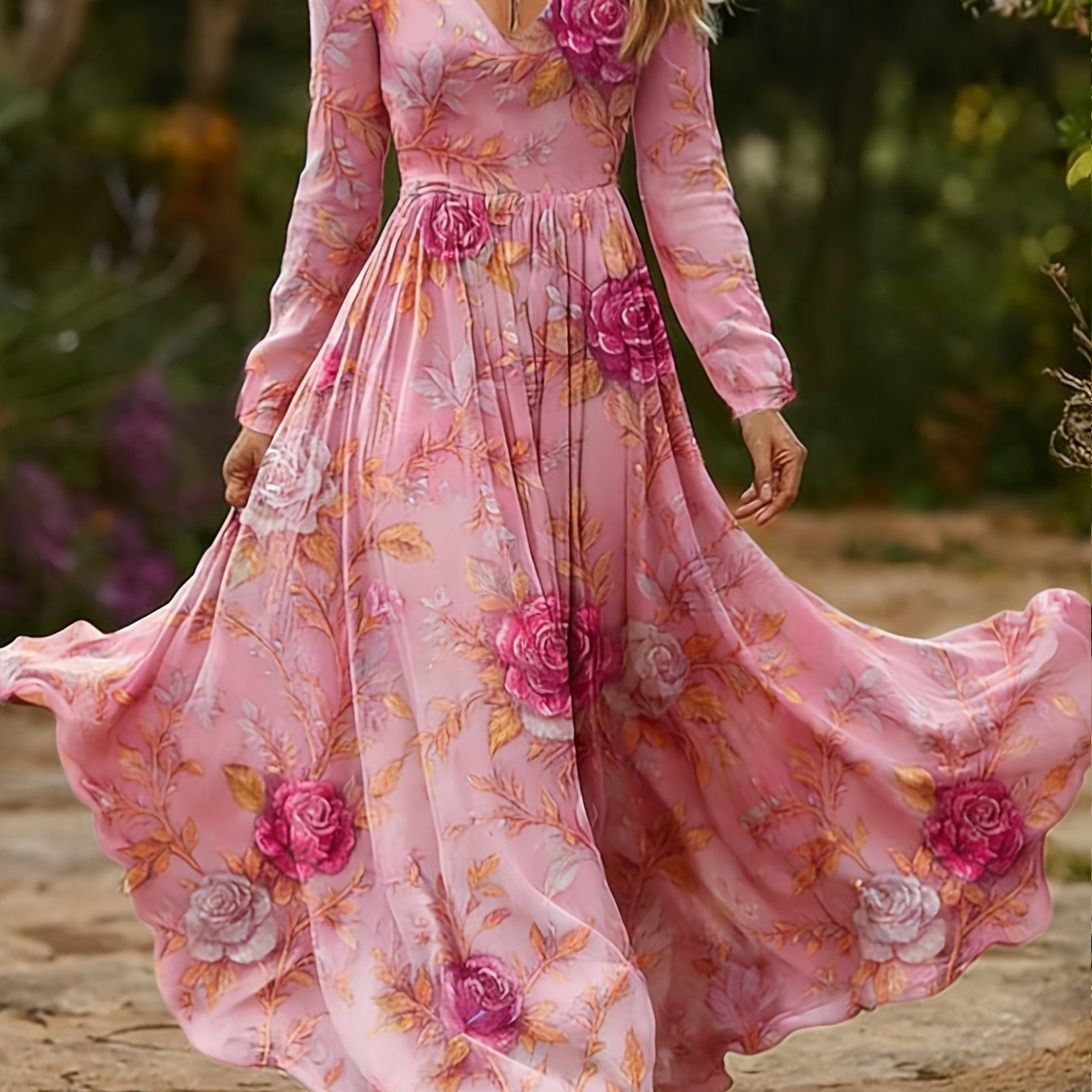 CIUM Elegant Flower Print Maxi Dress Long Sleeve V Neck
