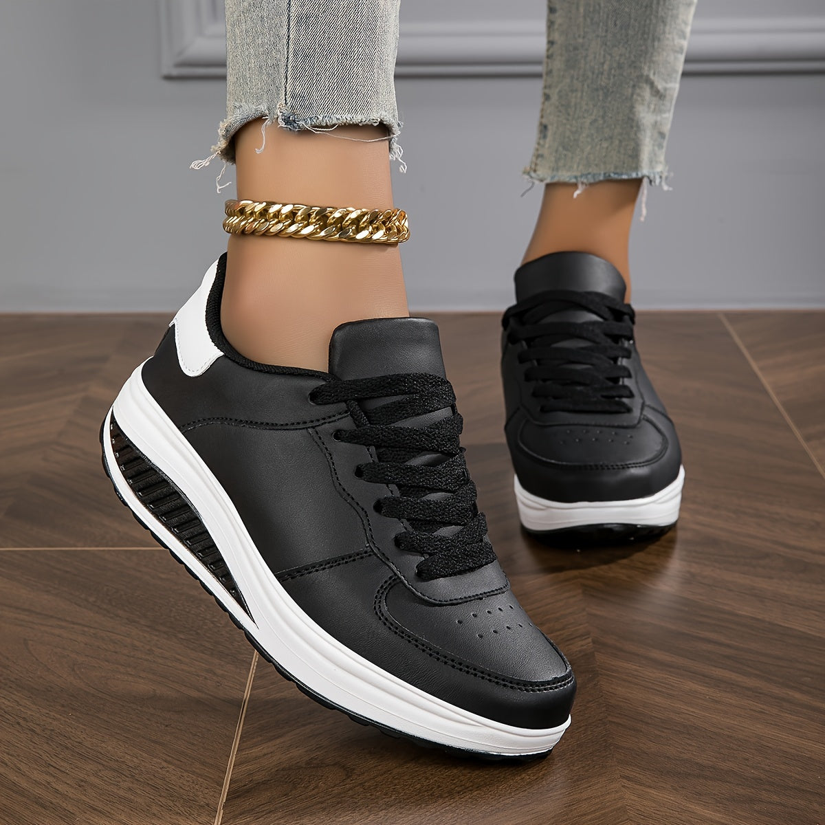 Women's Trendy Wedge Sneakers Comfortable Lace Up Height Increasing Sports Shoes All Match Outdoor Walking Shoes