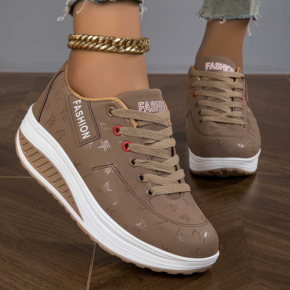 Women's Trendy Wedge Sneakers Comfortable Lace Up Height Increasing Sports Shoes All Match Outdoor Walking Shoes