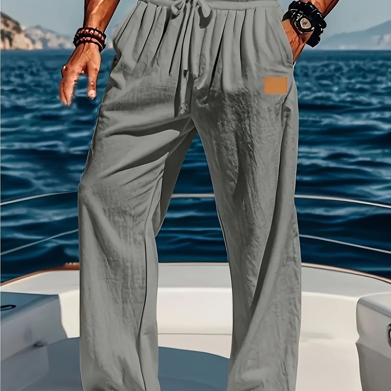 Men's Lightweight Cotton Beach Pants Quick Dry Loose Fit Casual Trousers with Adjustable Zipper Waistband Side Pockets Breathable Straight Leg Pants for Swimming Travel Everyday Summer Wear Machine Washable