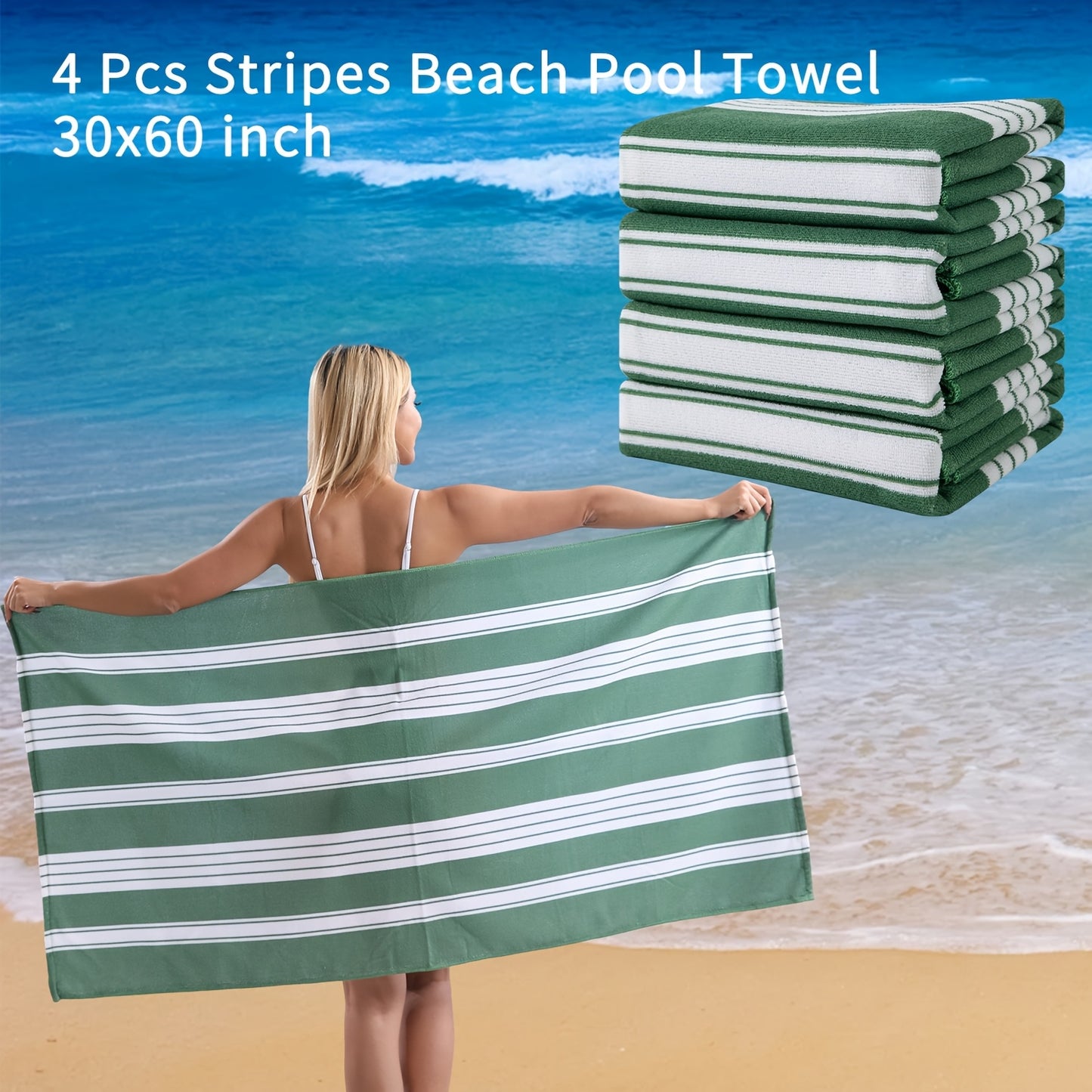 4 Piece Sand Free Stripe Beach Towel Set Quick Dry Pool Towel Swimming Bath Towel Ultra Soft Highly Absorbent Lightweight Towel For Adults Men Women Multi Purpose Towel Blanket For Bathroom Yoga Sports Travel Camping