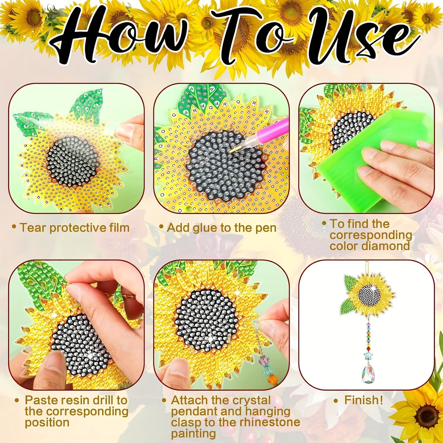 CHUANGDI 6pcs Diamond Art Kits Sunflower Wind Chimes Suncatchers