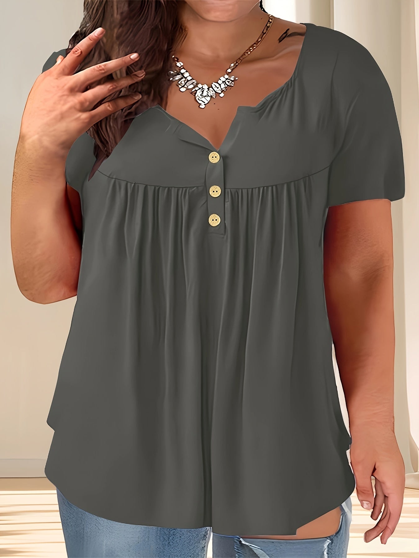 Navy Blue Plus Size T-Shirt Women’s Casual Buttoned Top