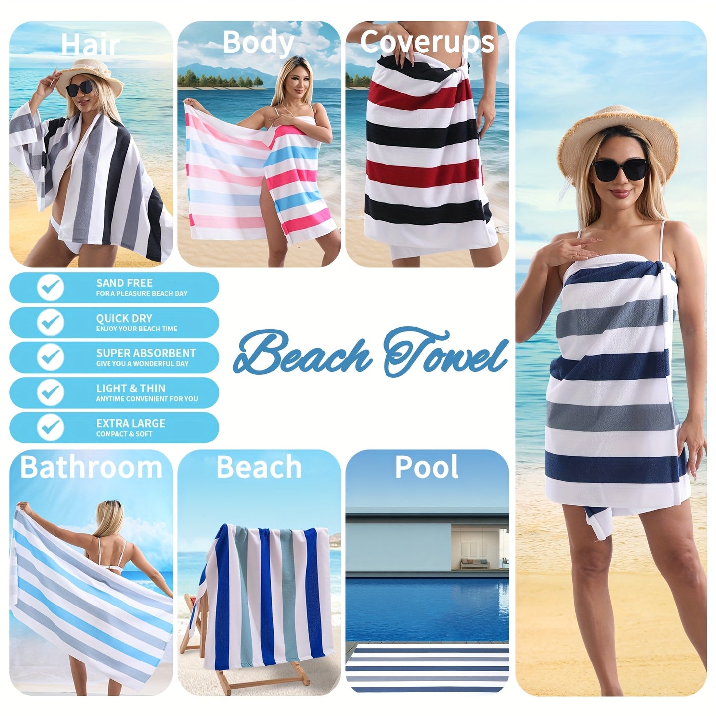 4 Piece Sand Free Stripe Beach Towel Set Quick Dry Pool Towel Swimming Bath Towel Ultra Soft Highly Absorbent Lightweight Towel For Adults Men Women Multi Purpose Towel Blanket For Bathroom Yoga Sports Travel Camping
