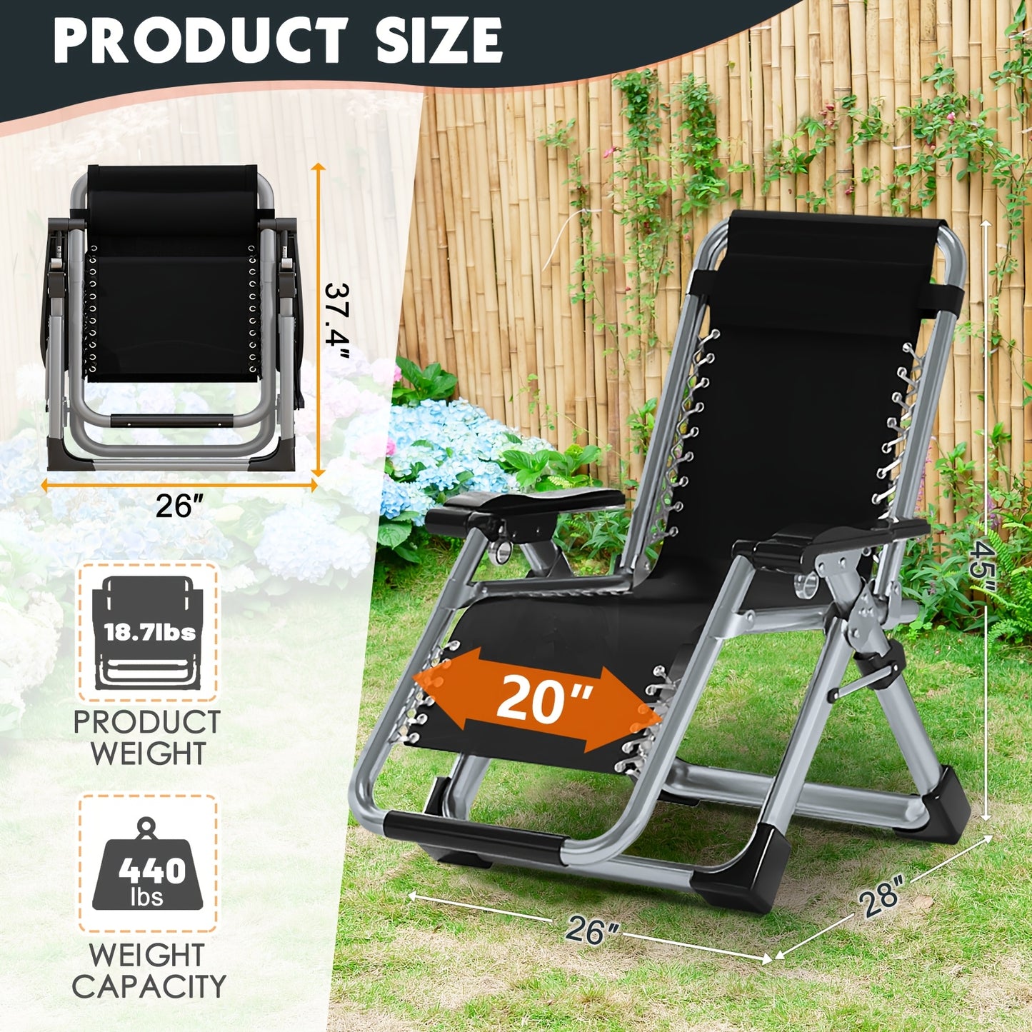 MOPHOTO Zero Gravity Outdoor Lounge Chair with Side Table Padded Sturdy Comfortable Recliner Supports Up to 440 Pounds