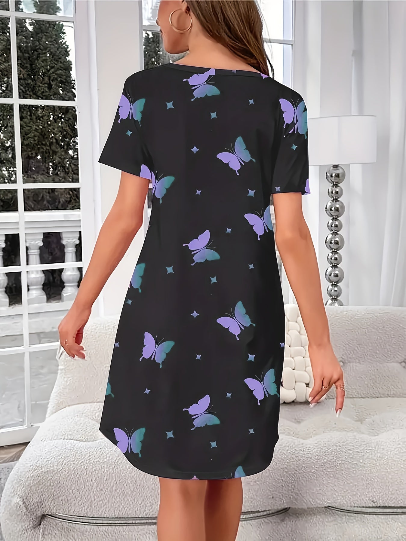 Women's Soft Polyester Sleep Dress - Round Neck, Short Sleeve
