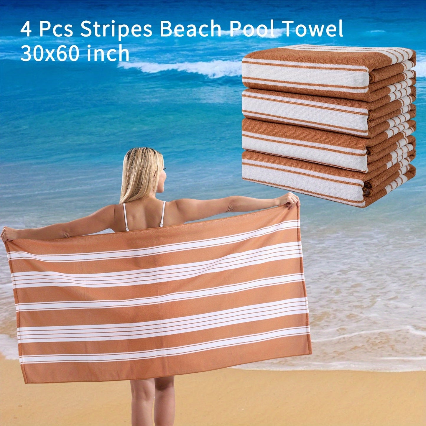 4 Piece Sand Free Stripe Beach Towel Set Quick Dry Pool Towel Swimming Bath Towel Ultra Soft Highly Absorbent Lightweight Towel For Adults Men Women Multi Purpose Towel Blanket For Bathroom Yoga Sports Travel Camping