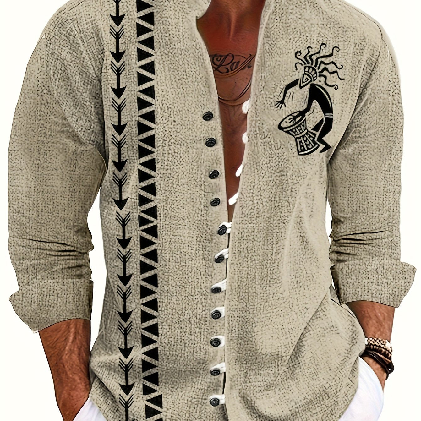 Men's Casual Mandarin Collar Shirt With 3D Tribal Print