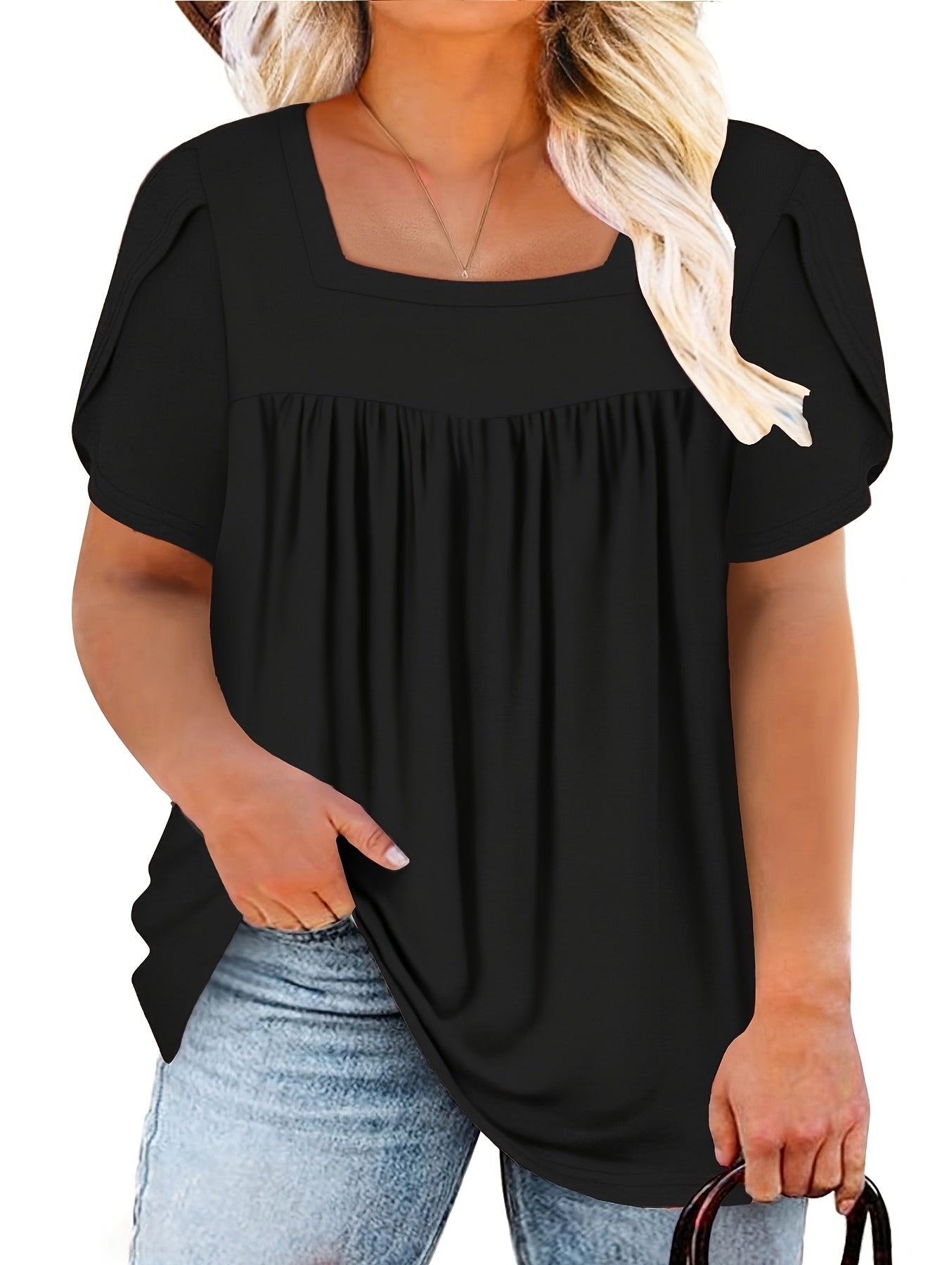 Plus Size Women's Petal Short Sleeve T Shirt - Square Neck, Flowy Pleated, Relaxed Fit