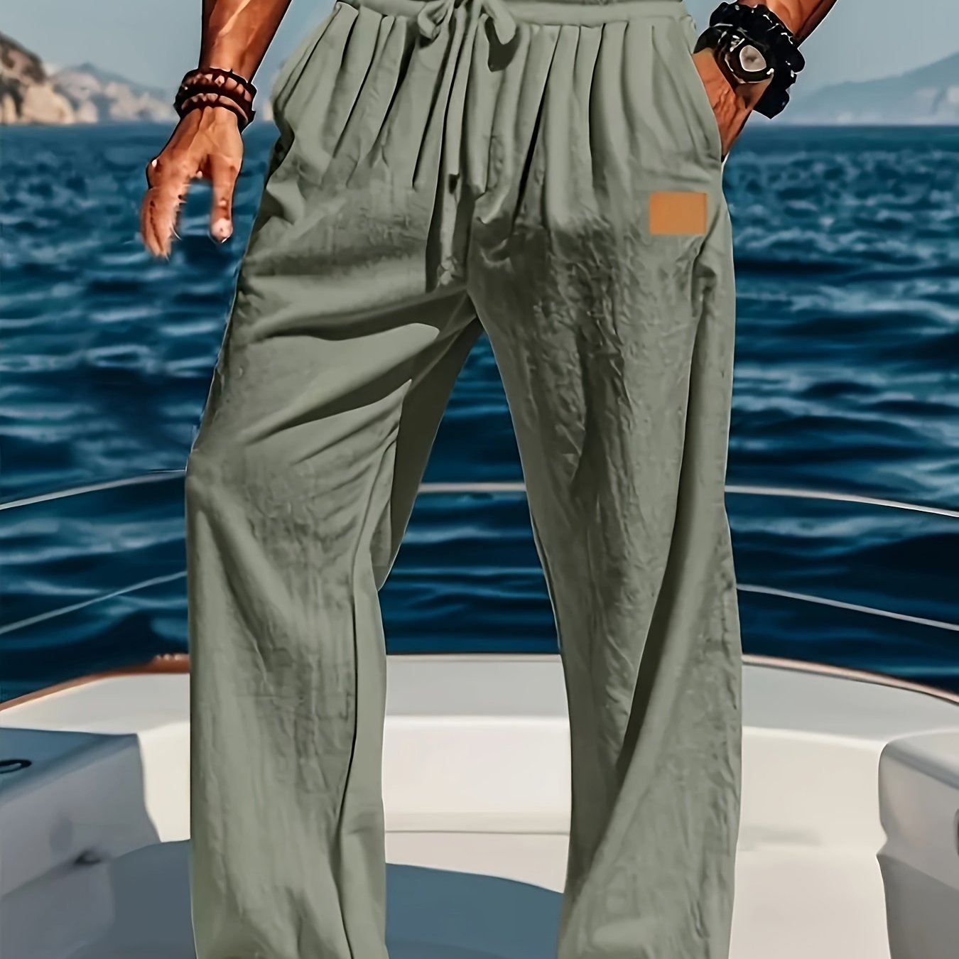 Men's Lightweight Cotton Beach Pants Quick Dry Loose Fit Casual Trousers with Adjustable Zipper Waistband Side Pockets Breathable Straight Leg Pants for Swimming Travel Everyday Summer Wear Machine Washable