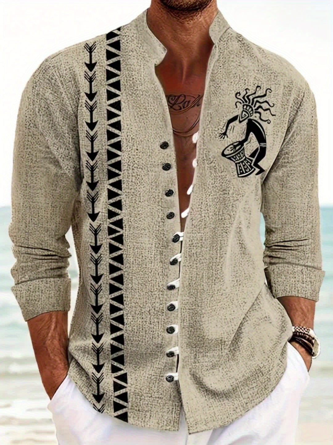 Men's Casual Mandarin Collar Shirt With 3D Tribal Print
