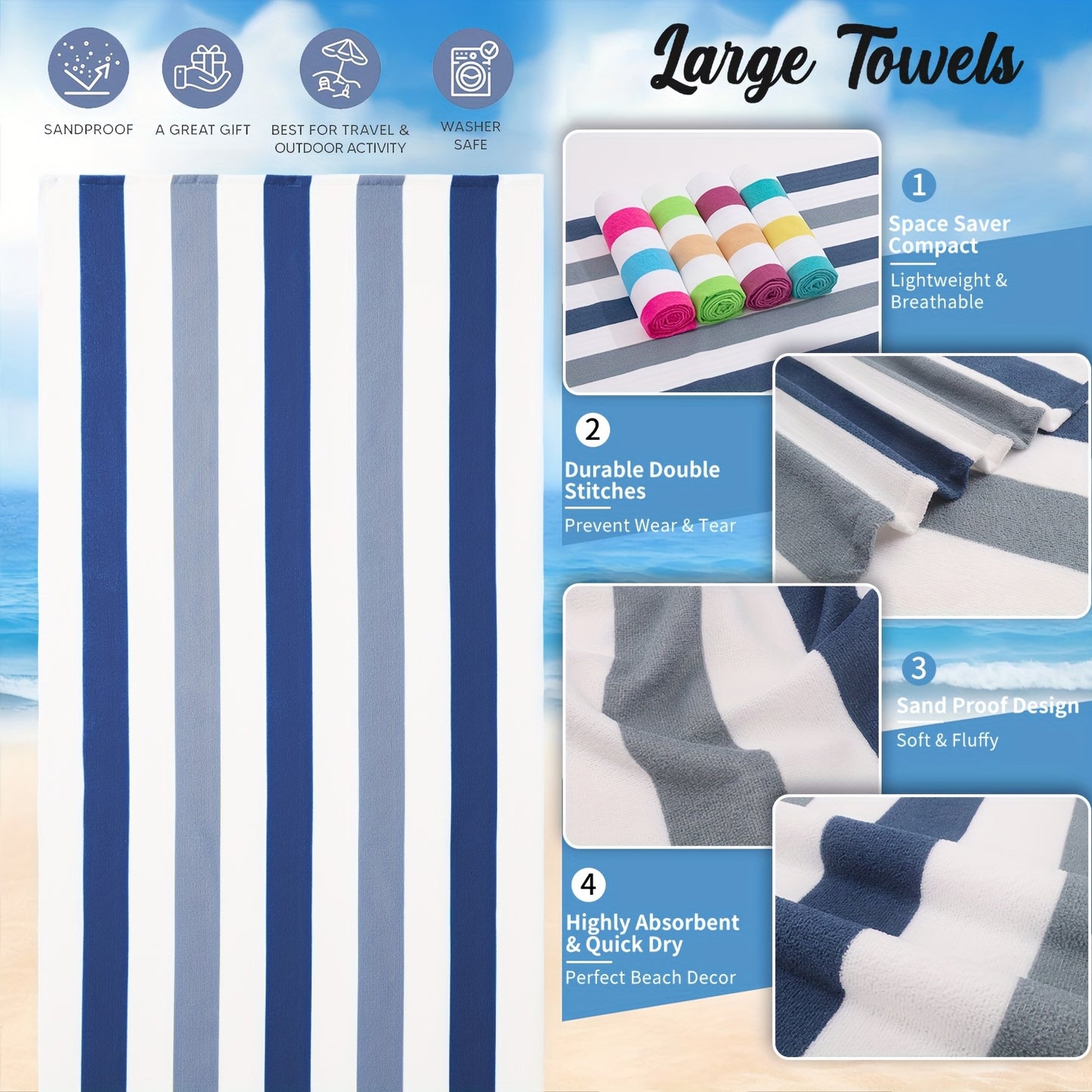 4 Piece Sand Free Stripe Beach Towel Set Quick Dry Pool Towel Swimming Bath Towel Ultra Soft Highly Absorbent Lightweight Towel For Adults Men Women Multi Purpose Towel Blanket For Bathroom Yoga Sports Travel Camping