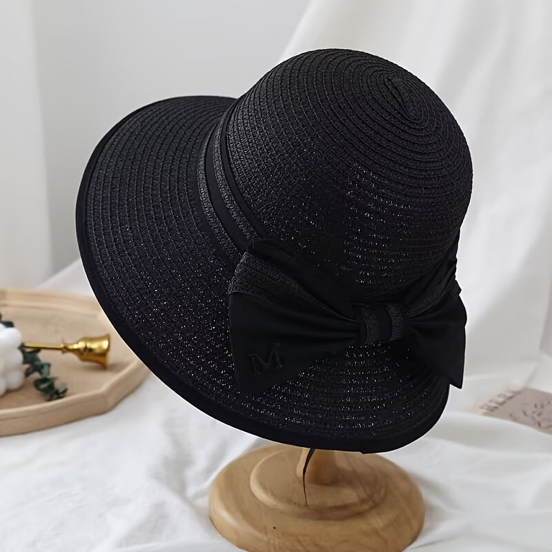 1pc Women'S Wide Brim Sun Hat - Elegant Black Bow, Lightweight Non-Feathered Beach Hat with Drawstring Closure, Breathable for Women, Perfect for, Travel, Formal Events - Wide Brim Outdoor Accessory, Beach Hat, Travel Headwea