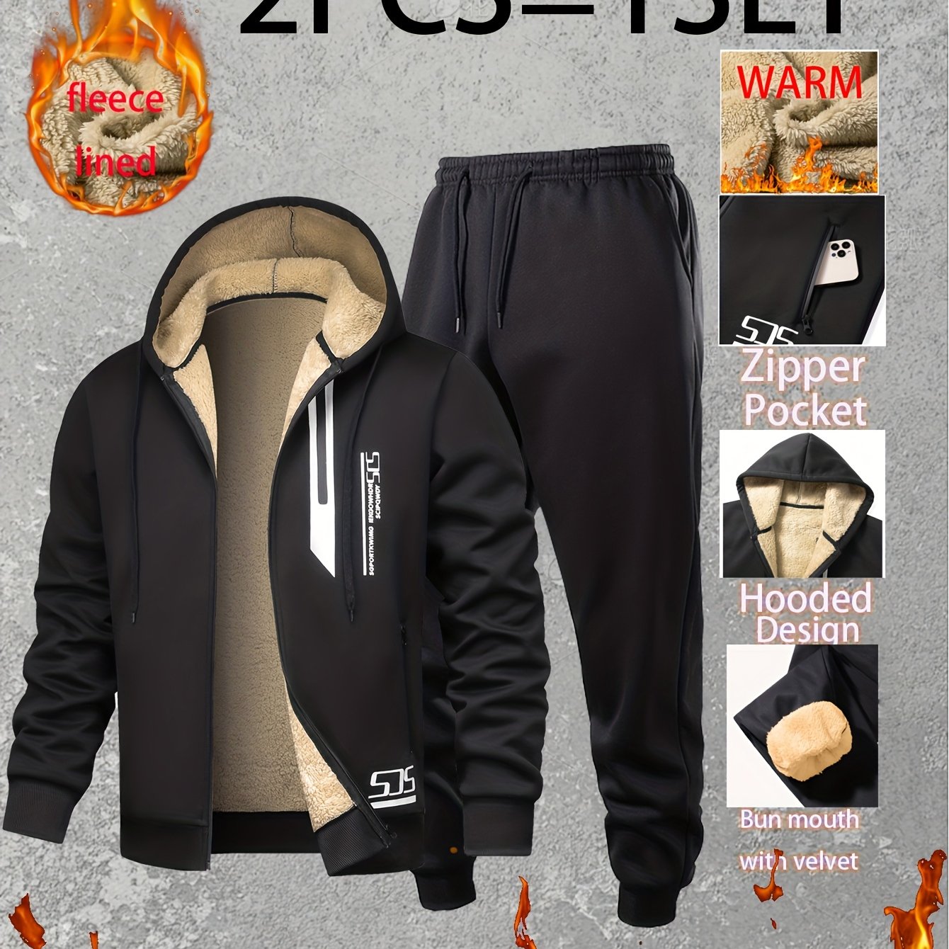 Men Thermal Fleece Jacket Set 2 Piece Full Zip Hooded Jacket And Jogger Pants