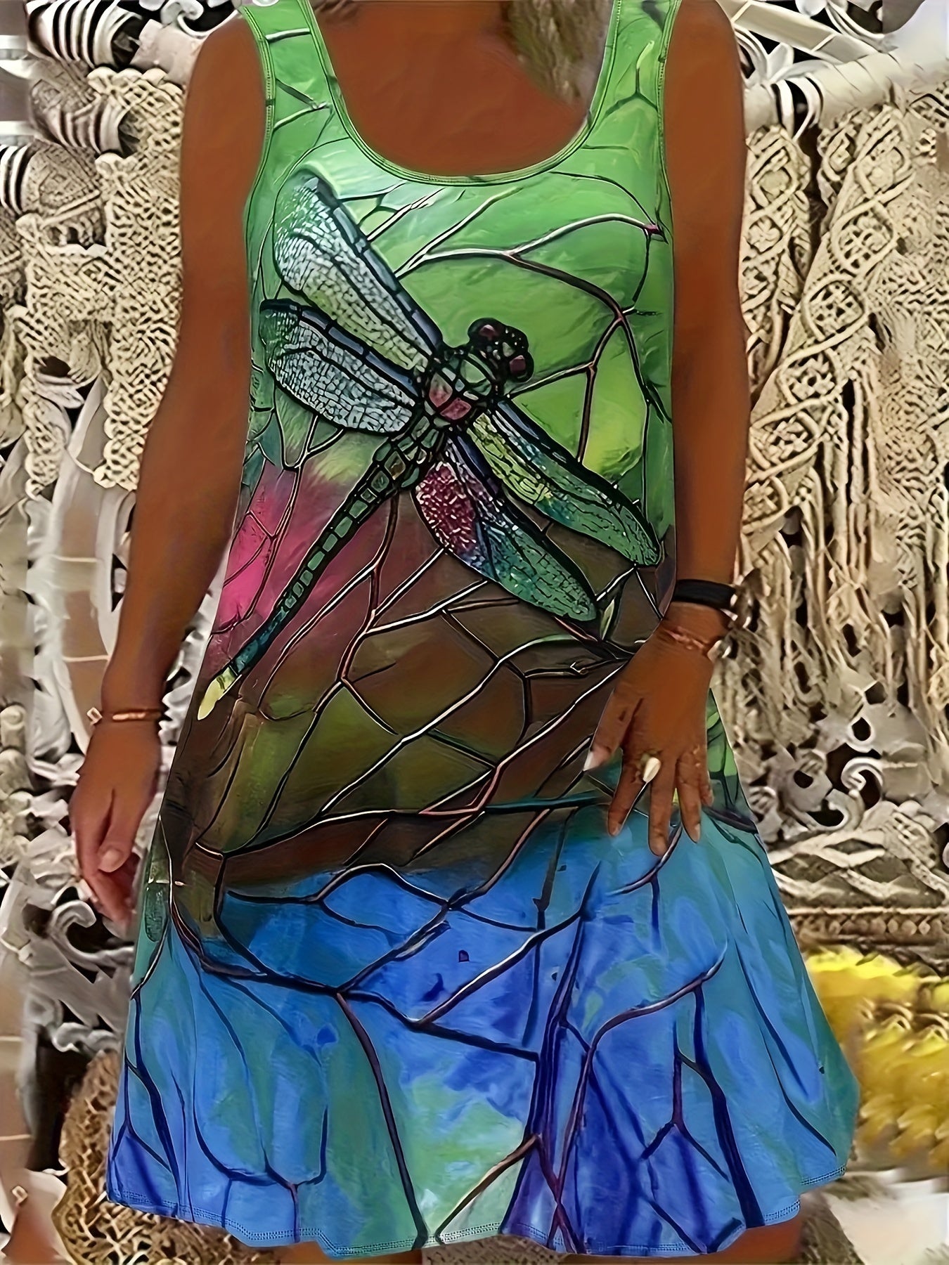 Large Fashion Bamboo Dragonfly Design Dress for Women