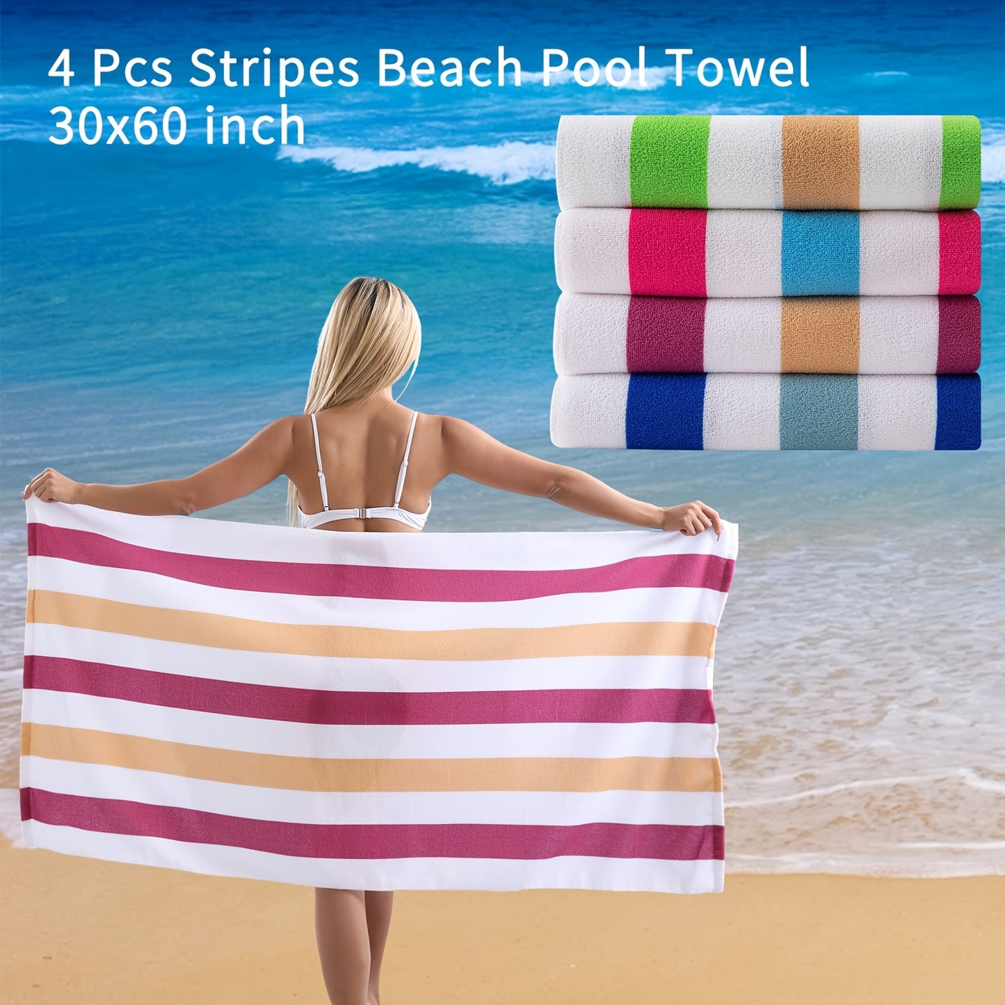 4 Piece Sand Free Stripe Beach Towel Set Quick Dry Pool Towel Swimming Bath Towel Ultra Soft Highly Absorbent Lightweight Towel For Adults Men Women Multi Purpose Towel Blanket For Bathroom Yoga Sports Travel Camping