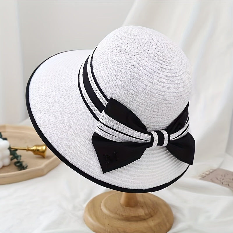 1pc Women'S Wide Brim Sun Hat - Elegant Black Bow, Lightweight Non-Feathered Beach Hat with Drawstring Closure, Breathable for Women, Perfect for, Travel, Formal Events - Wide Brim Outdoor Accessory, Beach Hat, Travel Headwea