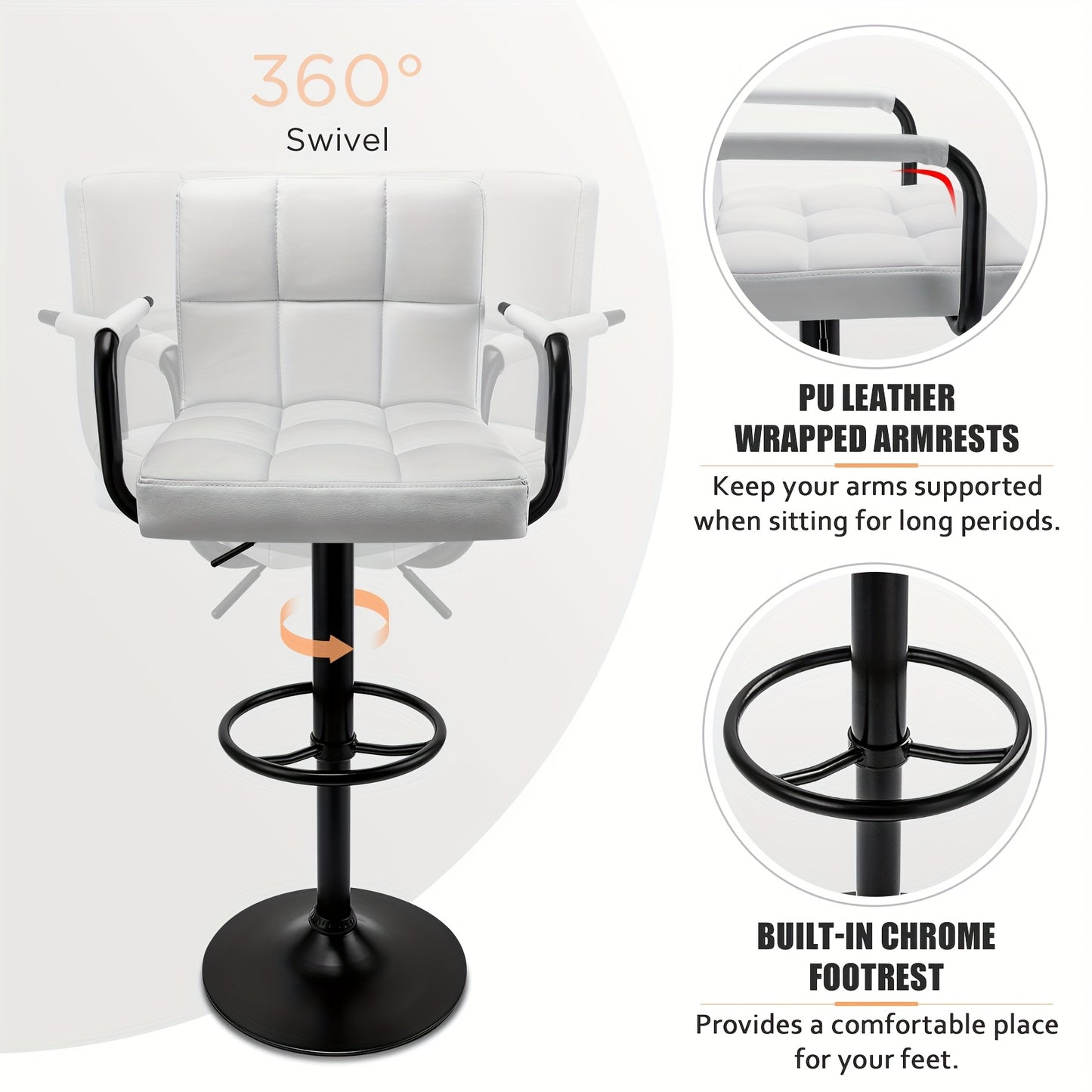 Bar Stools Set of 2 PU Leather Modern Swivel Bar Stools with Arms Adjustable Height Barstools for Kitchen Island White and Black Base