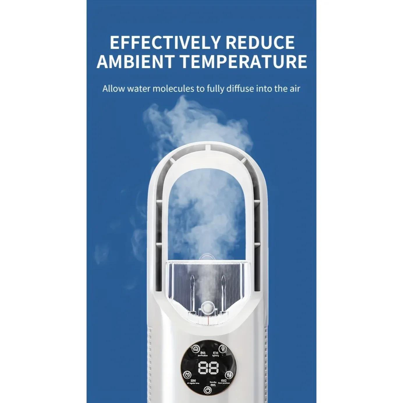 No Leaf Fan Efficient Spray Cooling Machine Three in One Office Desktop Fan USB Powered Air Cooler with Night Light Humidification Function 6 Wind Speeds Timing Function Home Dormitory Camping Mini Personal Air Conditioner
