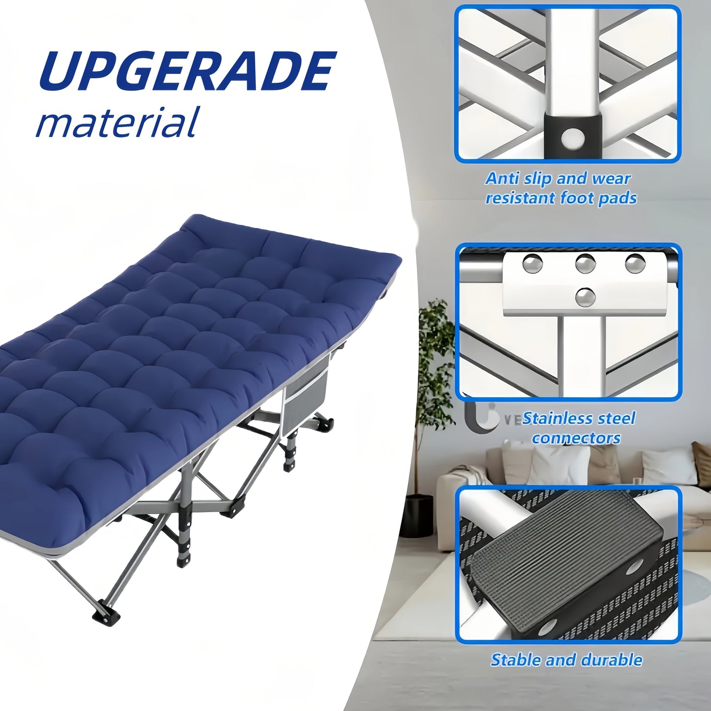 Portable Folding Camping Bed for Adults Lightweight Compact Outdoor Bed with Padded Carry Case Durable Iron Frame and Plush Navy Blue Fabric for Home Office Beach Travel and Outdoor Camping Bed